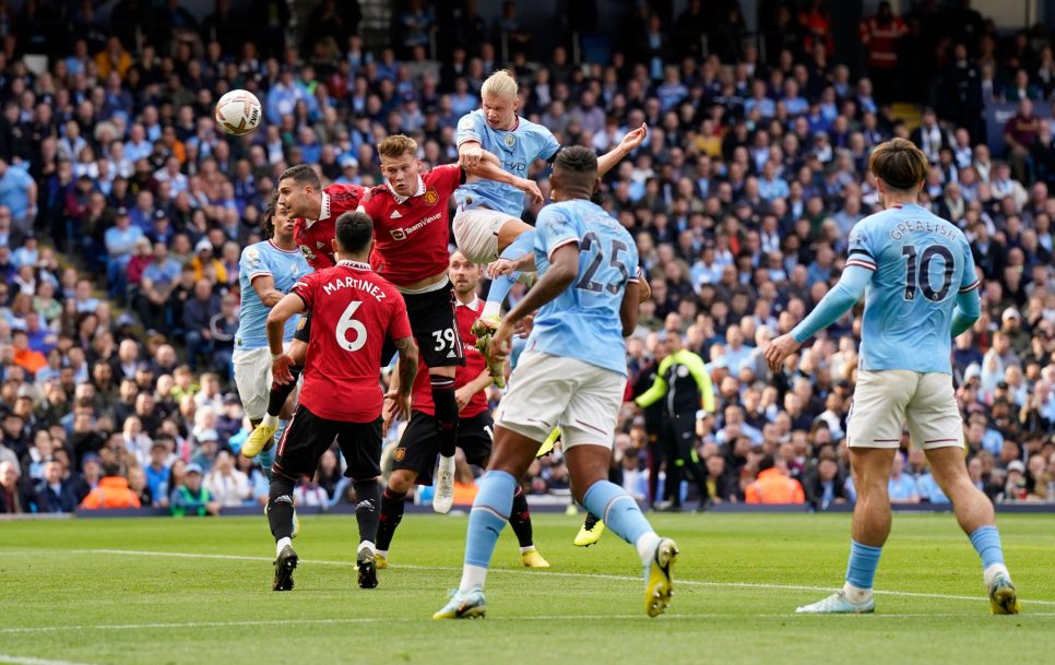 Manchester, England, 2nd October 2022. Erling Haaland of Manchester City heads their second goal  during the Premier League match at the Etihad Stadium, Manchester. Picture credit should read: Andrew Yates / Sportimage