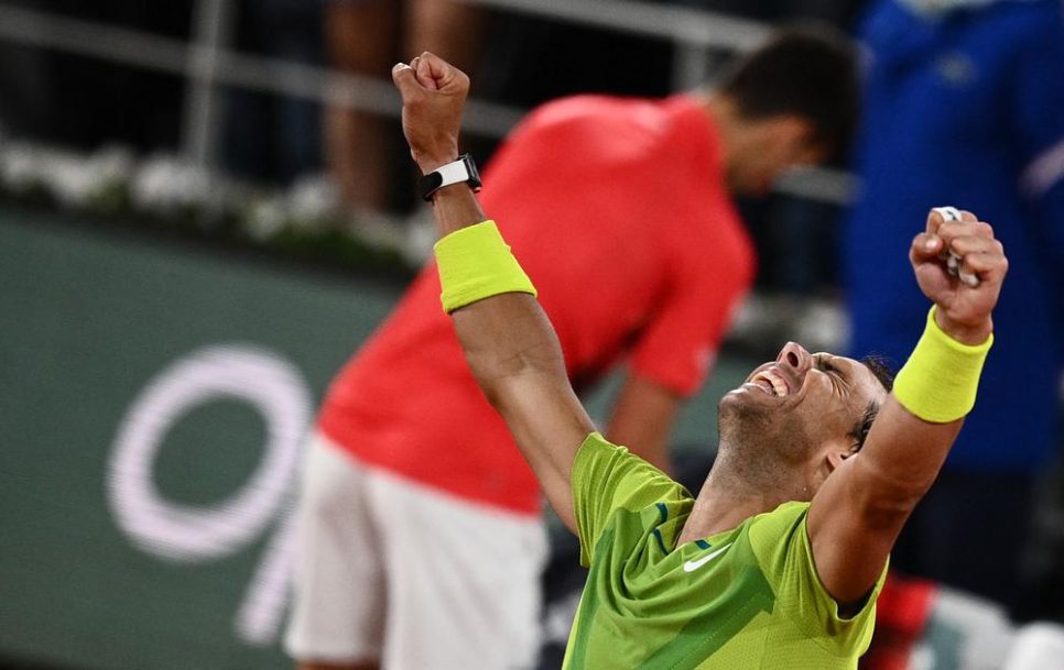 Rafael Nadal celebrates win over Novak Djokovic at Roland Garros. Source: Christophe Archambault/AFP