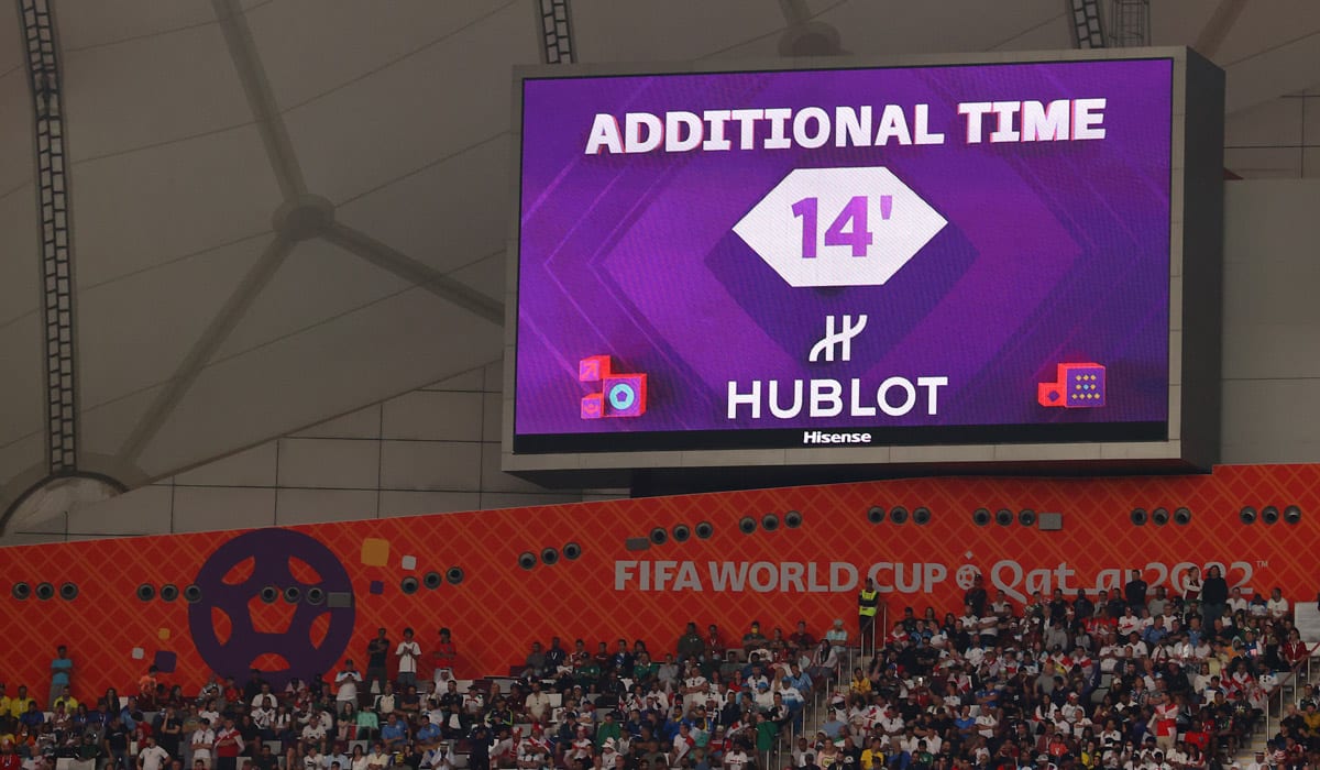 A giant screen displays an additional time of 14 minutes during England vs Iran. Source: Julian Finney / Getty Images