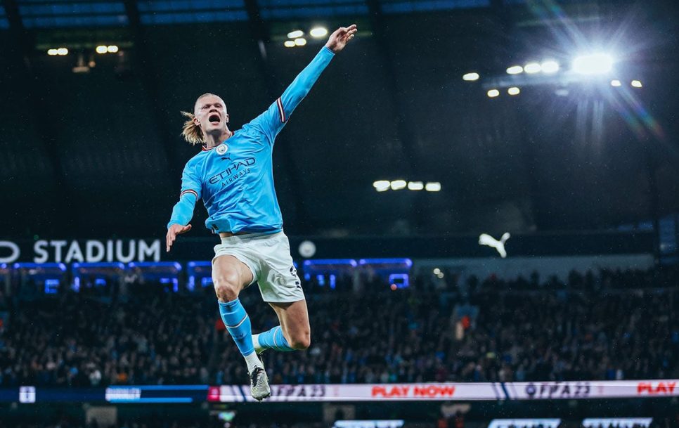 Haaland flying higher than anyone else. Source: Manchester City Facebook page.