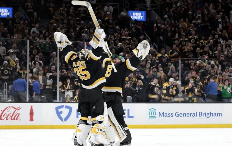 Linus Ullmark and Jeremy Swayman celebrate the Bruins’ win. Source: Fred Kfoury III / Icon Sportswire via Getty Images