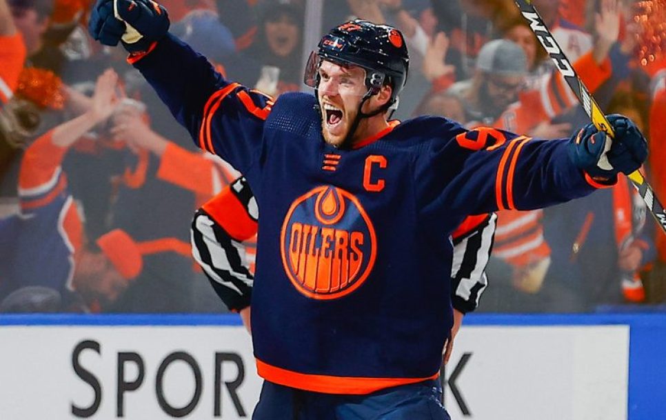 Connor McDavid celebrates his game-winning goal against the Kings on May 14, 2022. Source: Curtis Comeau / Icon Sportswire