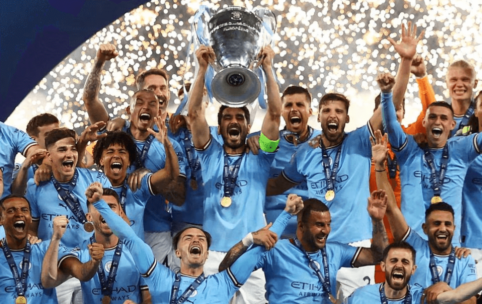 Manchester City celebrating their 2023 Champions League triumph. Source: REUTERS / Molly Darlington