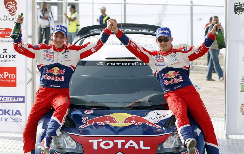 Sebastien Ogier (on the right) and Julien Ingrassia celebrating their victory in the Jordan Rally in 2011. Source: GEPA pictures / Red Bull Content Pool