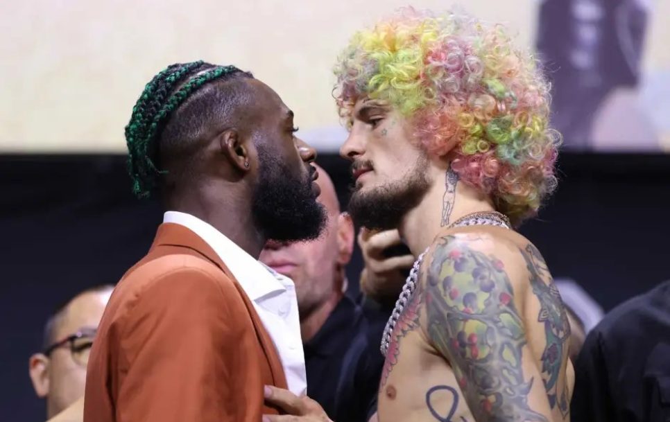 Aljamain Sterling and Sean O’Malley facing off during the UFC 292 press conference. Source: Paul Rutherford/Zuffa LLC via Getty Images