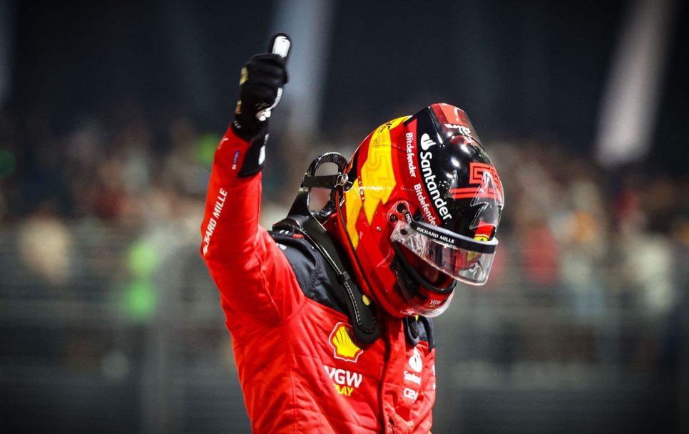 Carlos Sainz celebrating his win in the Singapore Grand Prix 2023. Source: planetf1.com