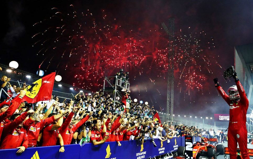 Sebastian Vettel celebrating his win in the 2019 Singapore Grand Prix. Source: Sportinglife.com