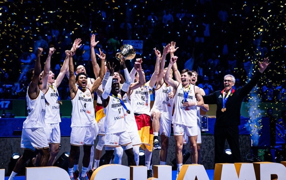 German players celebrate with their World Cup champions trophy after beating Serbia 83:77 in the final. Source: FIBA.basketball