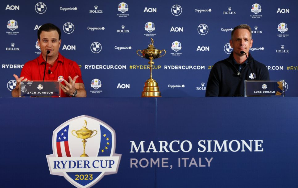 Ryder Cup 2023 team captains Zach Johnson (Team USA) and Luke Donald (Team Europe) during a press conference. Source: Getty Images