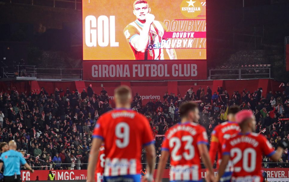 Girona FC players celebrating Artem Dovbyk’s goal during the match against Sevilla FC on January 21, 2024. Source: Imago Images