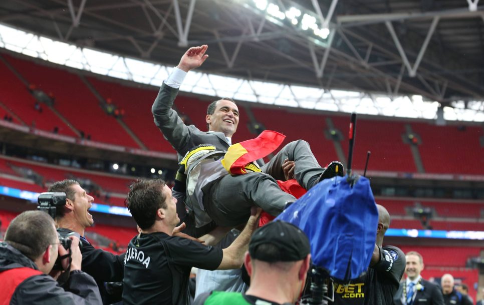 Wigan Athletic players and head coach Roberto Martinez celebrating their win in the 2013 FA Cup final against Manchester City. Source: Imago Images