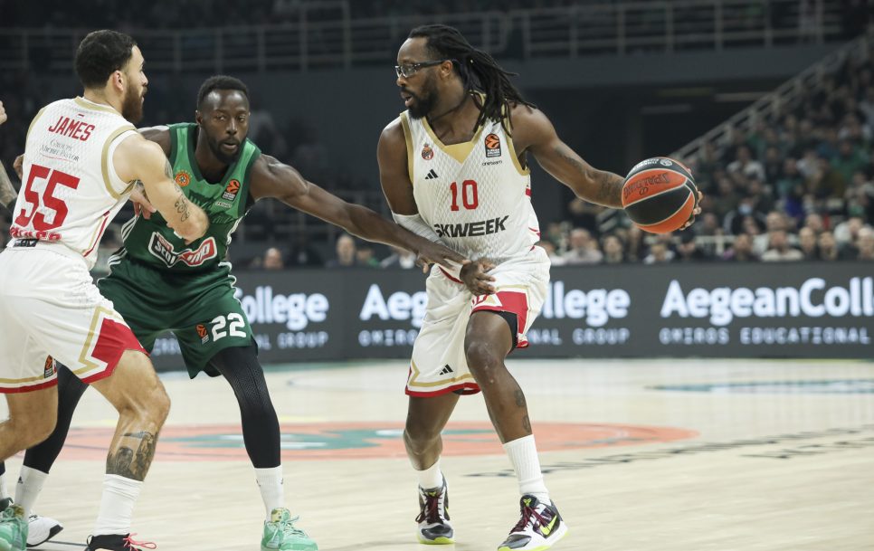 John Brown (with the ball) fights, defends, and connects – every team would love a player like him. Source: Panagiotis Moschandreou/Euroleague Basketball via Getty Images