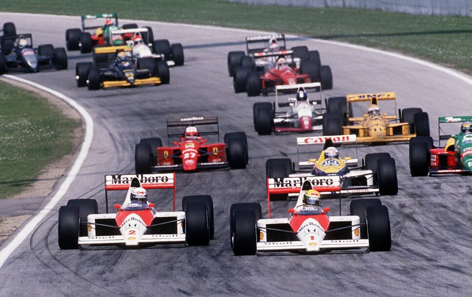 The 1994 Imola GP was the last race of three-time world champion Ayrton Senna (right, car No. 1). Source: Wikimedia Commons