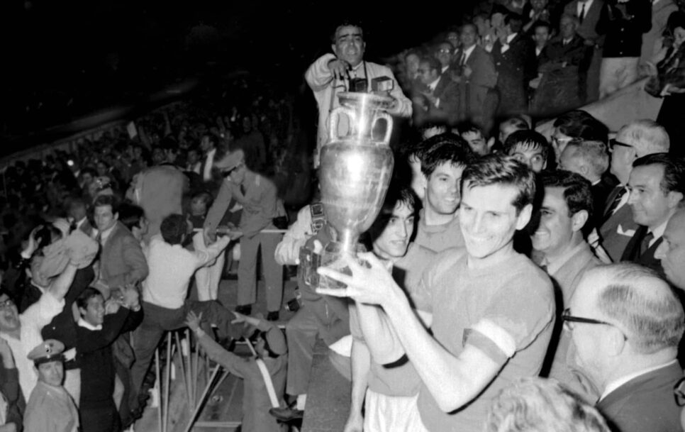 Italy’s captain Giacinto Facchetti lifts the trophy at the 1968 European Championship. Photo: Imago