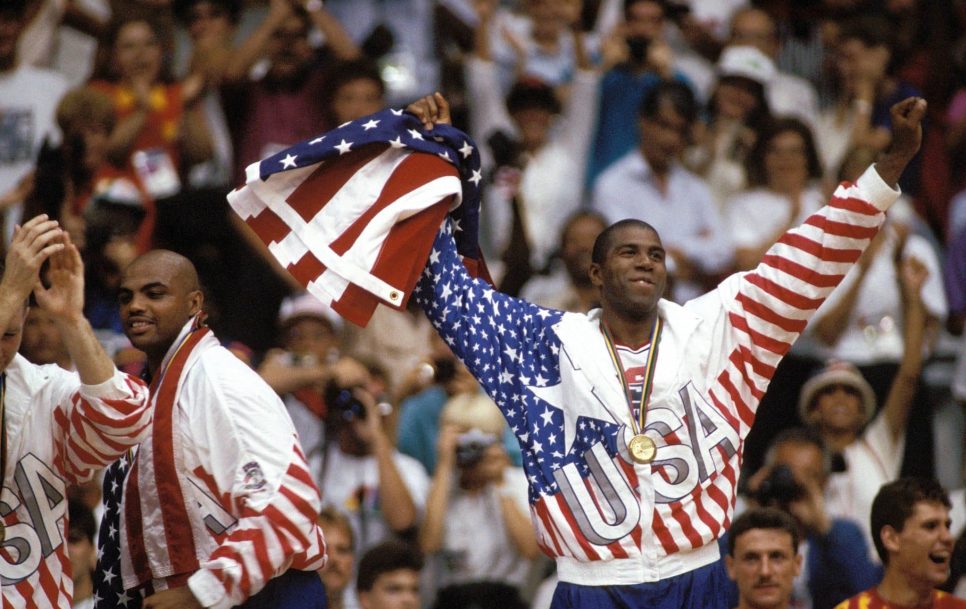 According to Magic Johnson (with the flag), the Barcelona Olympics was the pinnacle of his basketball career. Source: Imago Images